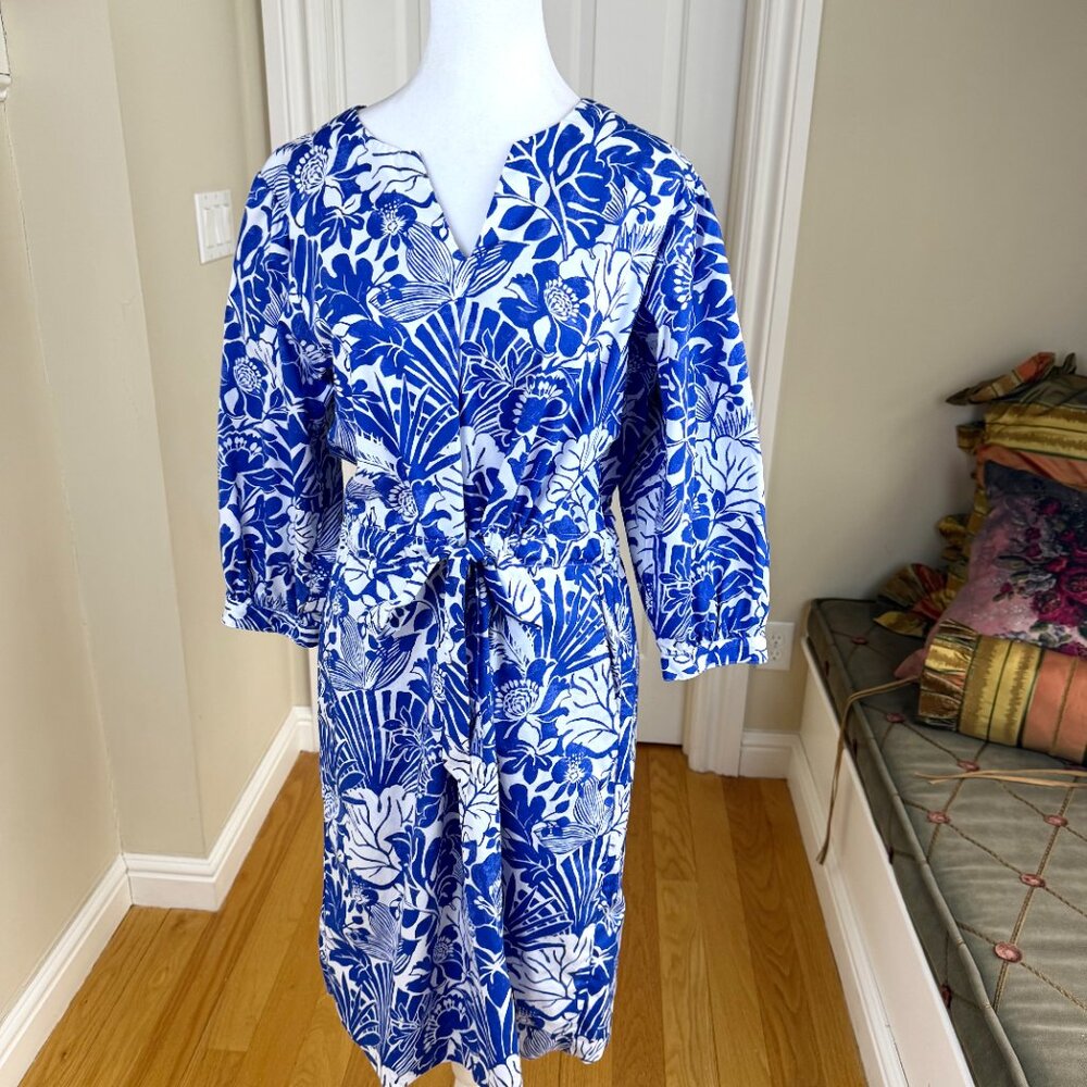 J. McLaughlin Cotton Dress Blue White Floral Crop Sleeve Resort (L) - Picture 2 of 10